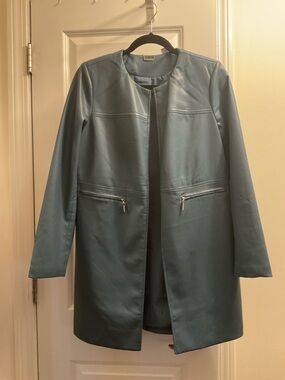 CHICOS NWT Blue Faux Leather Longline Coat Jacket M